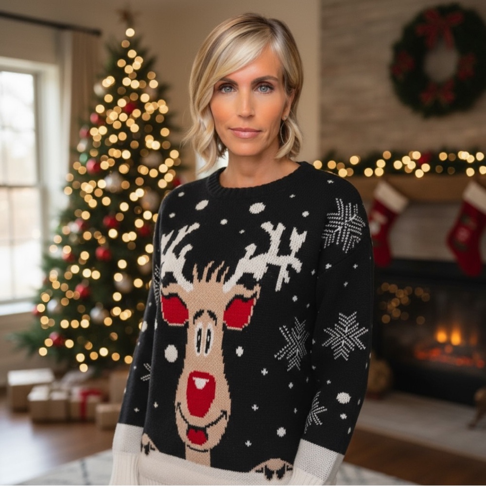 DOE & RAE Red nosed reindeer Christmas sweater S M L
